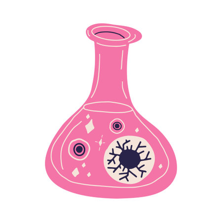 Magic poisonous pink potion in glass bottle with eyes. Witchcraft witch flask in cartoon style. Halloween design element. Flat vector illustration isolated on white backgroundのイラスト素材