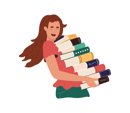 Happy girl student holding stack of books in hands. Young woman carrying pile of textbooks from library. Smiling reader, bookworm with beloved literature. cartoon flat vector illustrationのイラスト素材