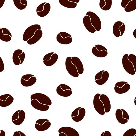 Coffee beans seamless pattern. Vector repeating background design for coffee shop, cafe, restaurant decoration, packaging, wallpaper, textile, fabric print. color flat cartoon illustrationのイラスト素材