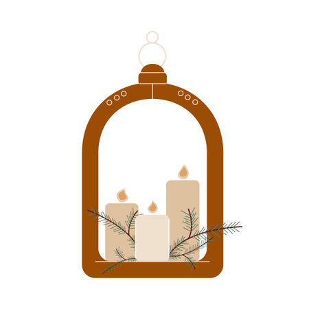 Decorative Christmas lantern with burning candles and fir branches. Xmas festive interior decoration. Flat vector illustration isolated on white backgroundのイラスト素材