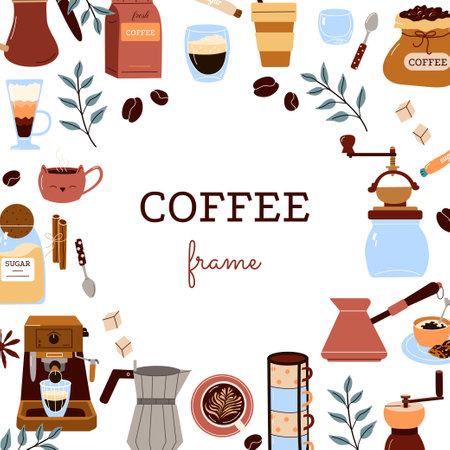 Coffee brewing tools, cups, grinders on white background. Vector template for poster, flyer, banner, frame, invitation, restaurant, cafe menu designのイラスト素材