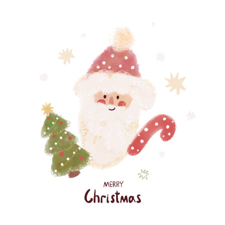 Cute watercolor Merry Christmas card with Santa Claus, Xmas tree, candy cane. happy holidays cartoon characters. Hand drawn vector illustration isolated on white backgroundのイラスト素材
