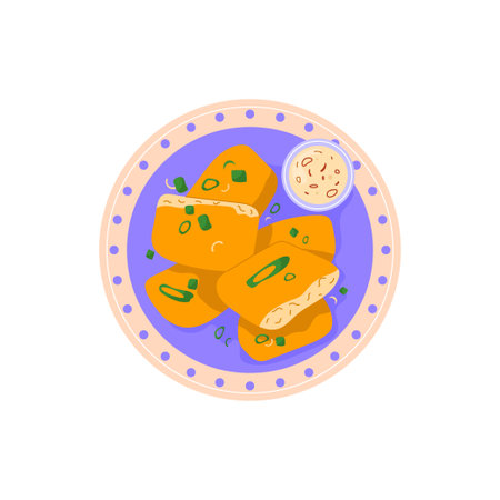 Fried Shan tofu on a plate with green onions and sweet chili sauce. Asian food dish. Colored flat vector illustration isolated on white backgroundのイラスト素材