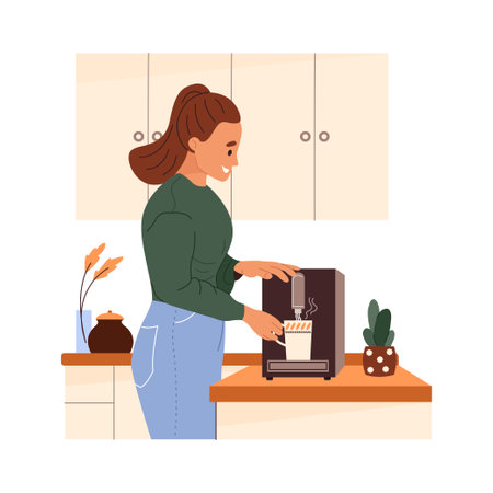 Happy woman making coffee with machine in kitchen at home. Pretty girl pouring hot beverage for breakfast. Daily morning routine. Flat vector illustration isolated on white backgroundのイラスト素材