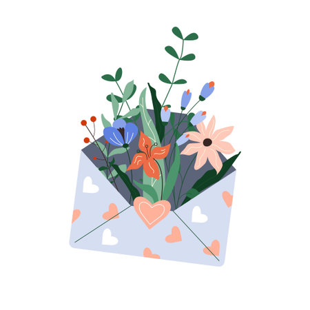 Flowers in paper envelope isolated illustration. spring floral mail. Vector design concept for Valentines Day, Mother's Day, Women's Day holidaysのイラスト素材