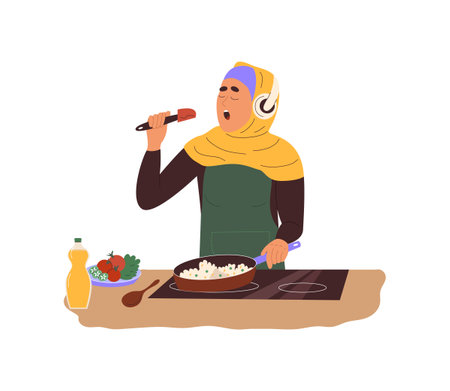 Young Muslim woman wearing hijab and headphones, singing in spatula while cooking dinner at home. Arab girl having fun in the kitchen. Flat vector illustration isolated on white backgroundのイラスト素材