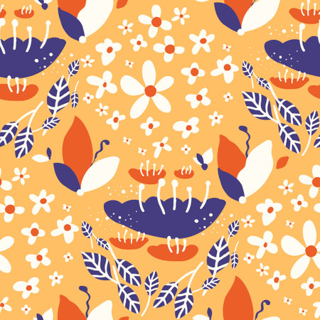 Hand drawn bright abstract little flowers print. Cute floral seamless pattern. Fashionable template for fabric, textile design. Vector repeat botanical illustrationのイラスト素材