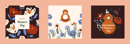 Cute greeting cards with spring flowers. Floral frame design collection. International Women's Day, 8 March concept. Modern flat vector illustration for postcard, poster, cover, invitationのイラスト素材