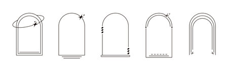 Y2k aesthetic line arch frame vector set. Trendy minimalist linear oval arches elements with stars, blings. Minimal style boho borders. Geometric design for logo, badge, social mediaのイラスト素材