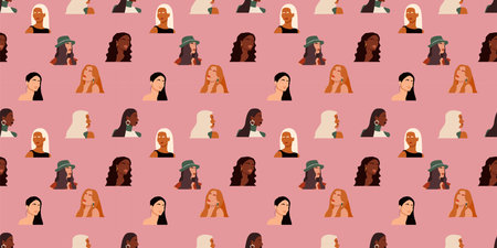 Seamless pattern with abstract female faces. Repeatable background with women of different skin colors and ethnicities. Vector endless fashion printのイラスト素材