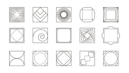 Set of trendy thin line geometric frames. Abstract minimal design elements for social media stories and post, logo, print. Vector icons isolated on white backgroundのイラスト素材