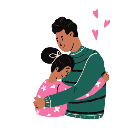 Happy young couple embracing each other. Smiling man and woman hugging and cuddling. People in romantic relationships. Colored flat vector illustration isolated on white backgroundのイラスト素材