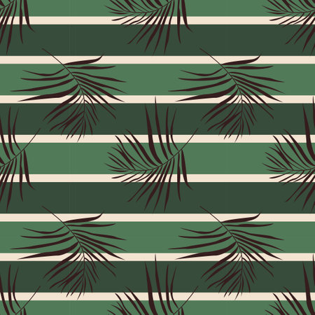 Abstract geometric seamless pattern with palm leaves and green horizontal stripes. Boho floral print. Exotic jungle wallpaper, natural fashion background. modern vector designのイラスト素材