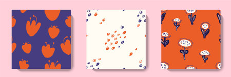 Hand drawn minimal abstract floral seamless pattern set. collage contemporary print. Trendy templates for fabric, textile, wallpaper, paper design. Orange, blue and white colorsのイラスト素材