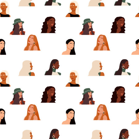 Seamless pattern with abstract female faces. Repeatable background with women of different skin colors and ethnicities. Vector endless fashion printのイラスト素材