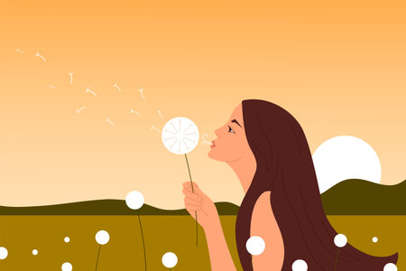 Young woman blowing dandelion in summer field. Happy girl at sunset in nature background. Allergy to flowers pollen, making a wish, freedom concept. vector illustrationのイラスト素材