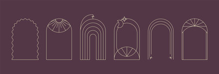 Minimal geometric line art arch frames. Boho linear arcs for logo, icon, social media post, badge, emblem. Vector illustration isolated on purple backgroundのイラスト素材