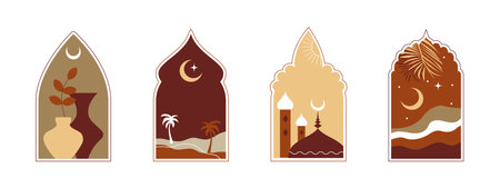 Set of oriental style Islamic ramadan kareem windows and arches with moon, mosque dome, mountain landscape, plants. Colored flat vector illustration isolated on white backgroundのイラスト素材