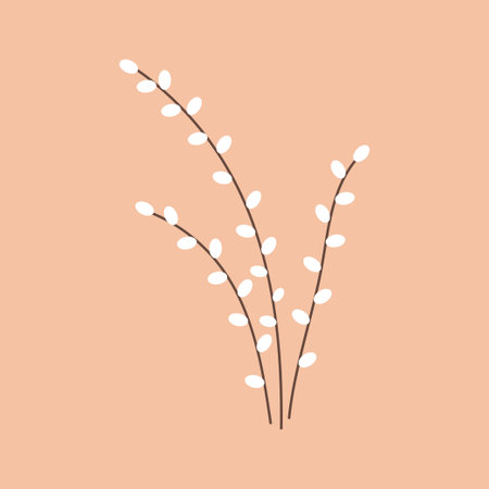 Pussy willow branches icon. Easter spring blossom twigs decoration. Palm Sunday card. Flat vector illustration isolated on gray backgroundのイラスト素材