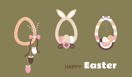 Boho Easter wreath set with bunny ears, eggs, flowers, willow twigs. spring home decor. Modern minimal style. vector illustrationのイラスト素材