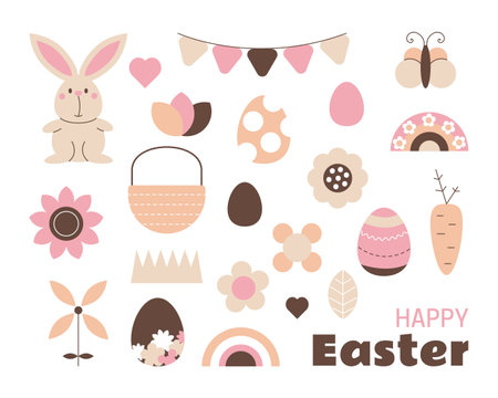 Happy Easter greeting card, banner, poster. Easter boho design with cute bunny, flowers, eggs, rainbows, basket, carrot and butterfly in pastel colors. vector illustrationのイラスト素材