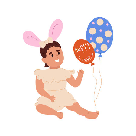 Cute baby wearing bunny ears for holiday Easter party. Happy smiling kid girl playing with colored eggs balloons. Toddler character in rabbit costume. Flat vector illustration on white backgroundのイラスト素材
