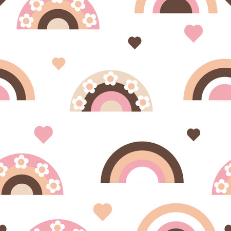 Seamless pattern with boho rainbows and hearts on white background. Spring childish repeating print for fabric, wallpaper, gift wrapping paper. bohemian style vector textureのイラスト素材