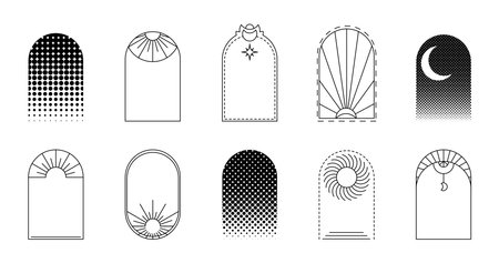 Y2k aesthetic line arch frame set. Minimal linear style arc, oval shape design elements for logo, emblem, badge, social media template. Vector illustration isolated on white backgroundのイラスト素材