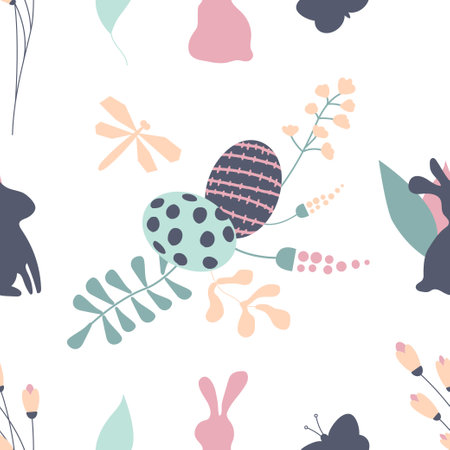 Seamless pattern with rabbit silhouette, eggs, wild flowers, leaves, dragonfly, butterflly. Happy Easter vector print. Spring holiday repeating backgroundのイラスト素材