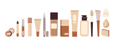 Set of different foundations, correctors, concealers, brushes, sponges and blenders for applying products to the skin. Different packaging of beauty facial products. flat vector illustrationのイラスト素材