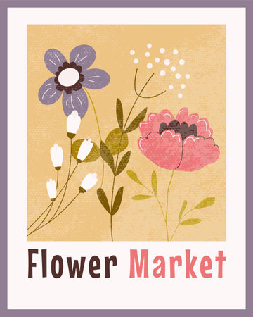 Flower Market abstract poster. Contemporary blossom flowers printable wall art. Aesthetic botanical placard, brochure, cover, card frame. vector illustrationのイラスト素材