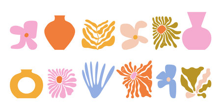 Set of abstract organic curve shapes inspired by Matisse. Groovy flower, leaf, algae, vase in trendy retro hippie 70s style. Modern vector illustration for logo, decoration, printのイラスト素材