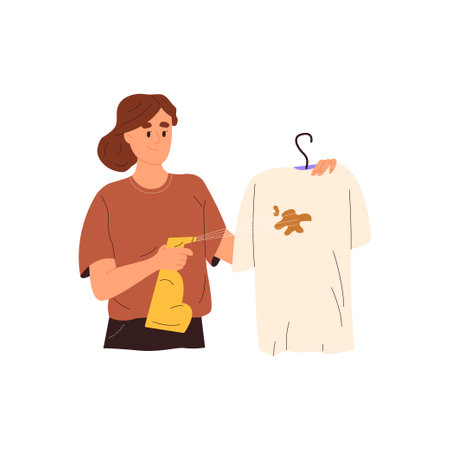Young housewife removing stain from dirty t shirt with spraying spot remover. Woman cleaning mark with liquid detergent from clothes. flat vector illustrationのイラスト素材