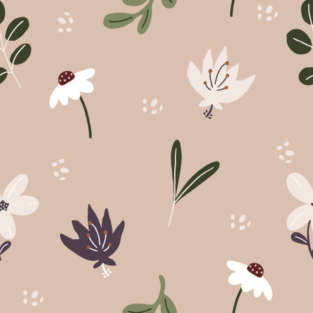 Cute Simple Flowers Seamless Pattern. Abstract floral vector repeating background. Summer boho print in beige, green, purple, white colors. hand drawn illustrationのイラスト素材