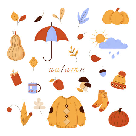 Autumn season cute watercolor design elements set. Collection of fall leaves, berries, pumpkins, umbrella, sweater, socks, hat, hot cup of tea. Flat vector illustration isolated on white backgroundのイラスト素材