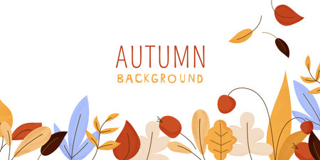 Autumn botanical background with leaf, tree branch, berries. Floral banner design with abstract leaves pattern. Flat vector illustration isolated on white backgroundのイラスト素材