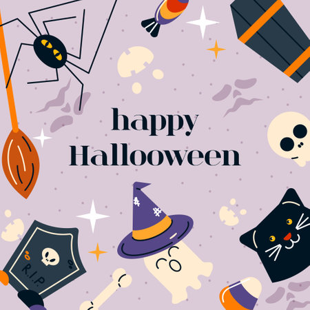 Happy Halloween card background. Promo post template design, square frame with cute ghost, skull, funny spiders, cat, candies for Helloween holiday party. Colorful flat vector illustrationのイラスト素材
