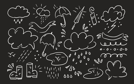 Hand drawn doodle rainy weather icons set on chalkboard. Autumn season vector illustrations in sketch styleのイラスト素材