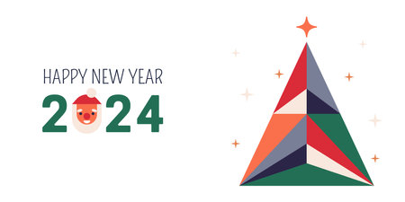 Happy New Year 2024 banner design. Retro background with abstract Xmas tree. Colorful vector illustration in flat geometric styleのイラスト素材