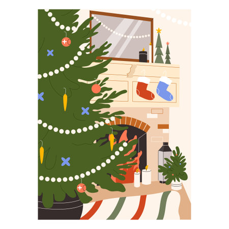Christmas home, living room interior with fireplace, fir tree, candles, socks. Xmas fire place, winter holiday decorations. New Year party festive atmosphere. Flat vector illustrationのイラスト素材