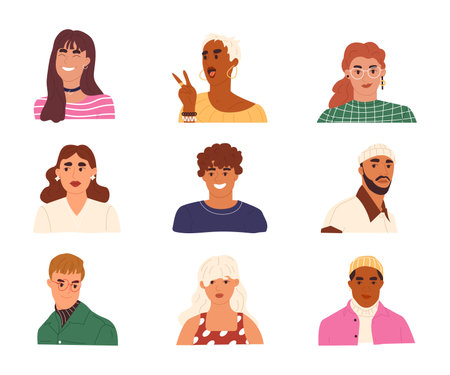 Diverse men and women head portraits collection. Happy young characters avatar set. Flat vector illustration isolated on white backgroundのイラスト素材