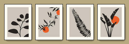 Trendy modern abstract botanical minimalist wall art, interior decoration. Contemporary floral poster, flower card design. Collage art style natural background. Flat graphic vector illustrationのイラスト素材