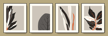 Trendy modern abstract botanical minimalist wall art, interior decoration. Contemporary floral poster, flower card design. Collage art style natural background. Flat graphic vector illustrationのイラスト素材