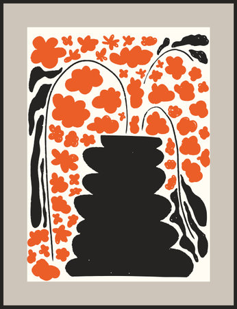 Abstract groovy botanical minimalist wall art, interior decor. Minimal style floral poster, wallpaper, card design. Flat graphic vector illustrationのイラスト素材