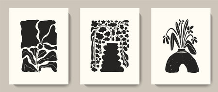 Trendy modern abstract botanical minimalist wall art, interior decoration. Contemporary floral poster, flower card design. Collage art style natural background. Flat graphic vector illustrationのイラスト素材