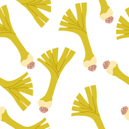 Leek seamless pattern. Fresh onion with green leaves repeating print. Seamless vegetarian background. Flat cartoon vector illustration for wrapping, fabric, textile printのイラスト素材