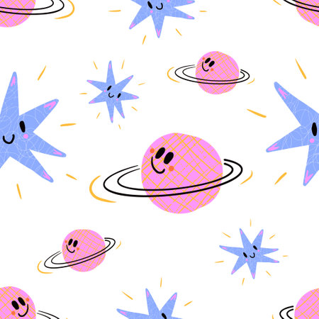 Cute space with planets and stars seamless pattern. Cartoon cosmic adventure repeating background. Funny hand drawn galaxy characters endless texture. Doodle vector illustrationのイラスト素材