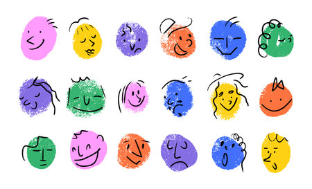 Hand drawn comic faces with different emotions, expressions. Various funny characters avatars in cartoon style. Pencil crayon drawing. Colored flat vector illustration isolated on white backgroundのイラスト素材