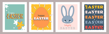 Happy Easter greeting cards set. Holiday posters design with typography, spring flowers, bunny and...