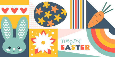 Happy Easter flat vector illustration in geometric minimalist style. Abstract spring holiday background with easter bunny, eggs and flowersのイラスト素材